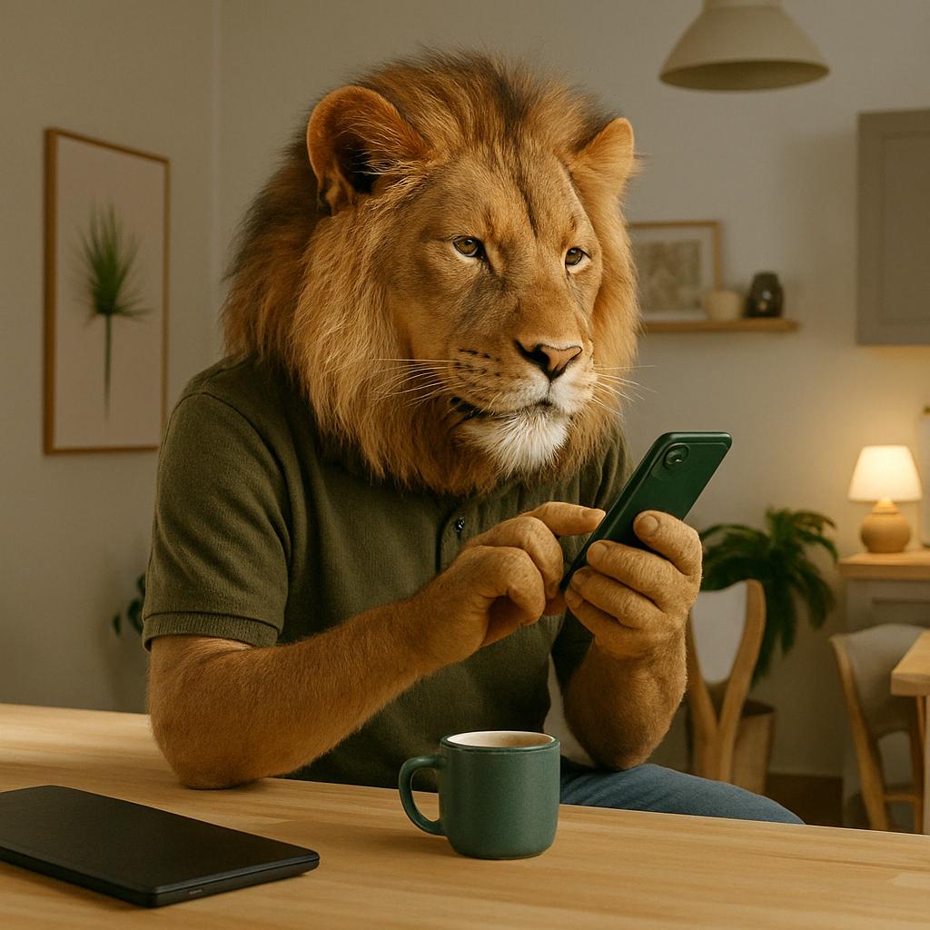 ChatGPT-Image-15.-Apr471 Löwe schaut auf ein Telefon Bildschirm